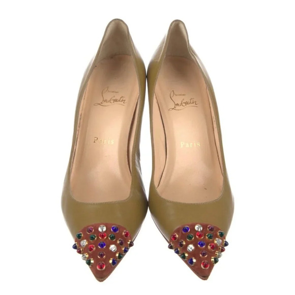 Christian Louboutin RARE Olive Green Cabo Pointed Pumps Jewelled Cap Toe EU 39.5 - Picture 3 of 15